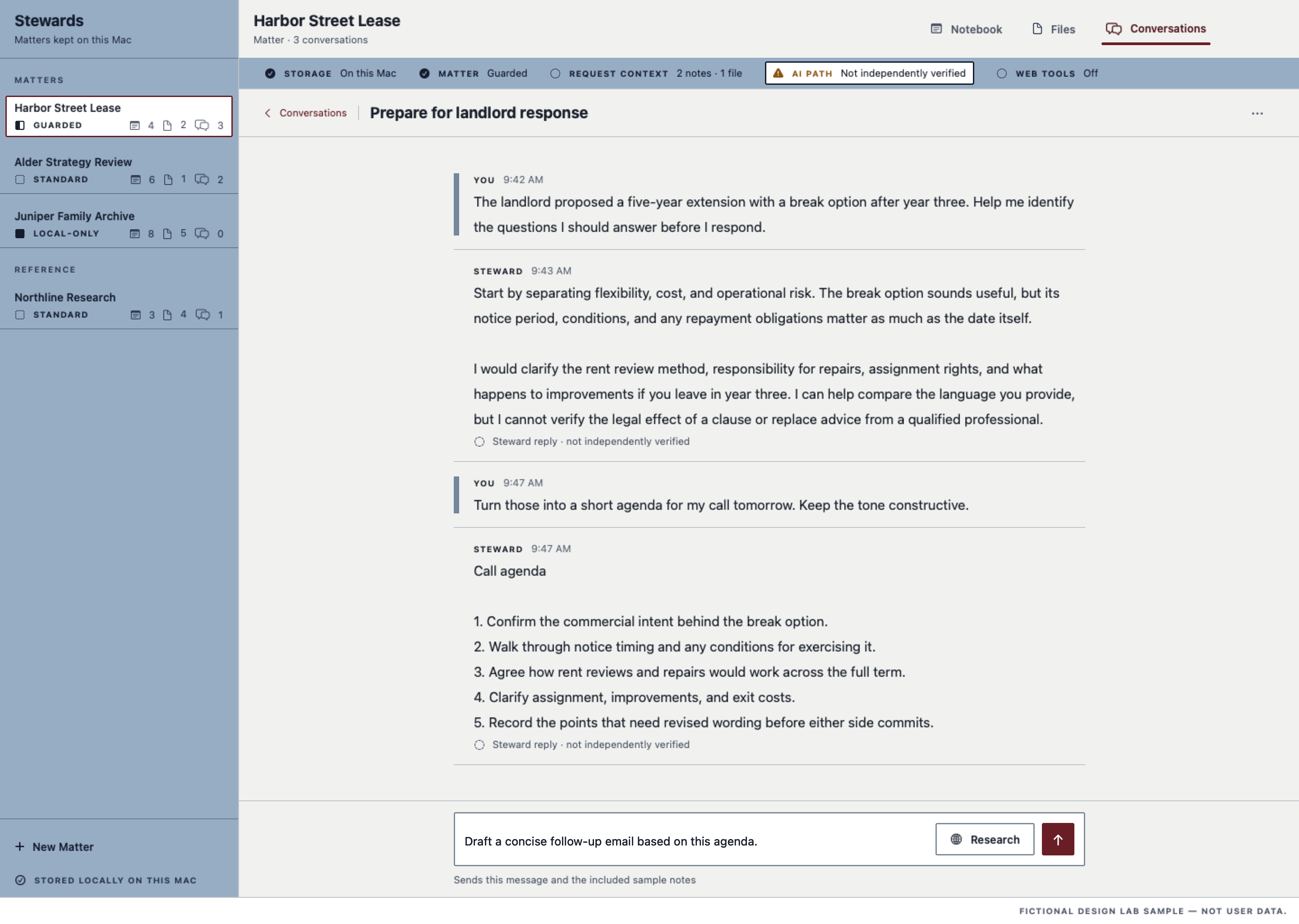 The Stewards workspace on a Mac: a sidebar listing Matters, an open Matter with Notebook, Files, and Conversations tabs, and a conversation with the assistant above the composer. The Matter is fictional sample content.